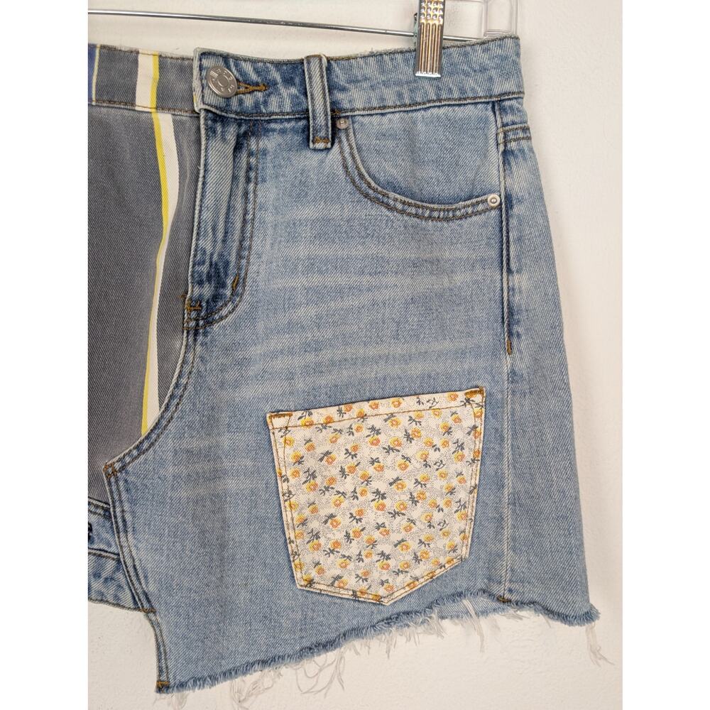 BDG Skirt Striped Patchwork Denim Asymmetrical Floral Boho Festival Blue Size M - Picture 5 of 14